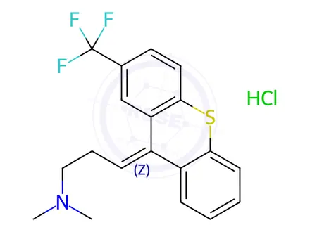 Chemical structure of (3Z)-N,N-Dimethyl-3-[2-(Trifluoromethyl)Thioxanthen-9-Ylidene]Propan-1-Amine Hydrochloride