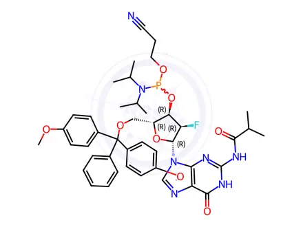 Chemical structure of Phosphoramidites Impurity 15 (DMT-2’-F-dG(iBu)-CE Phosphoramidite)