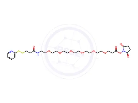Chemical structure of 2,5-Dioxopyrrolidin-1-yl 3-oxo-1-(pyridin-2-yldisulfaneyl)-7,10,13,16,19,22-hexaoxa-4-azapentacosan-25-oate