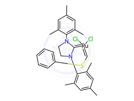 Chemical structure of Tricyclohexylphosphine[1,3-bis(2,4,6-trimethylphenyl)-4,5-dihydroimidazol-2-ylidene][(phenylthio)methylene]ruthenium(II)dichloride