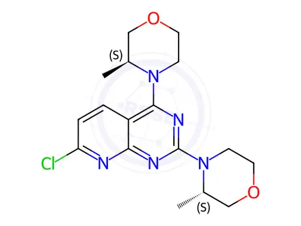 Chemical structure of 7-Chloro-4-((S)-3-methylmorpholin-4-yl)-2-((S)-3-methylmorpholin-4-yl)pyrido[2,3-d]pyrimidine