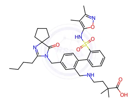 Chemical structure of Butanoic acid, 4-[[[4-[(2-butyl-4-oxo-1,3-diazaspiro[4.4]non-1-en-3-yl)methyl]-2'-[[(3,4-dimethyl-5-isoxazolyl)amino]sulfonyl][1,1'-biphenyl]-2-yl]methyl]amino]-2,2-dimethyl-