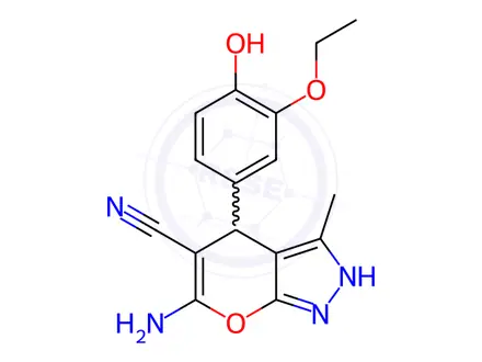 Chemical structure of 6-amino-4-(3-ethoxy-4-hydroxyphenyl)-3-methyl-2,4-dihydropyrano[2,3-c]pyrazole-5-carbonitrile