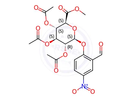 Chemical structure of (2S,3R,4S,5S,6S)-2-(2-Formyl-4-nitrophenoxy)-6-(methoxycarbonyl)tetrahydro-2H-pyran-3,4,5-triyl triacetate