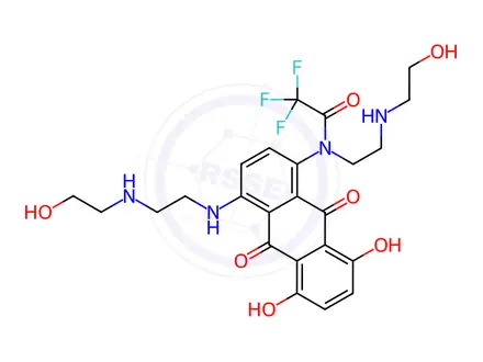 Chemical structure of N-(5,8-Dihydroxy-4-((2-((2-hydroxyethyl)amino)ethyl)amino)-9,10-dioxo-9,10-dihydroanthracen-1-yl)-2,2,2-trifluoro-N-(2-((2-hydroxyethyl)amino)ethyl)acetamide Dihydrochloride