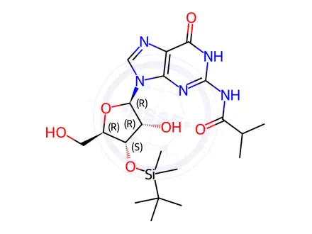 Chemical structure of Guanosine, 3'-O-[(1,1-dimethylethyl)dimethylsilyl]-N-(2-methyl-1-oxopropyl)-