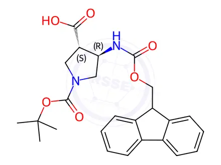 Chemical structure of (3S,4R)-1-[(tert-Butoxy)carbonyl]-4-{[(9H-fluoren-9-ylmethoxy)carbonyl]amino}pyrrolidine-3-carboxylic acid