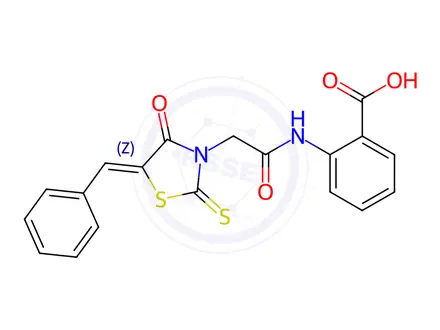 Chemical structure of (Z)-2-(2-(5-benzylidene-4-oxo-2-thioxothiazolidin-3-yl)acetamido)benzoic acid