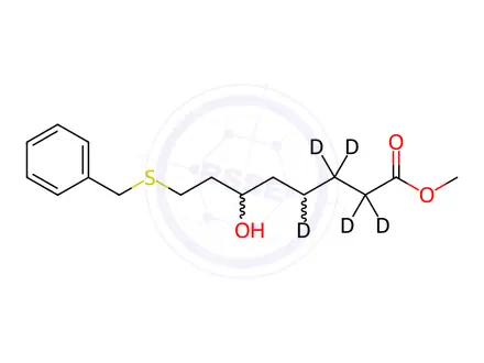 Chemical structure of 6-Hydroxy-8-[(phenylmethyl)thio]-octanoic Acid Methyl Ester-d5