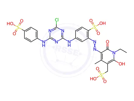 Chemical structure of 3-Pyridinemethanesulfonic acid, 5-5-4-chloro-6-(4-sulfophenyl)amino-1,3,5-triazin-2-ylamino-2-sulfophenylazo-1-ethyl-1,6-dihydro-2-hydroxy-4-methyl-6-oxo-, potassium sodium salt