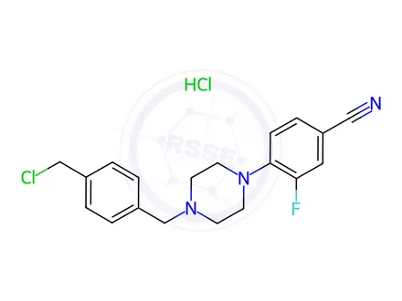 Chemical structure of Benzonitrile, 4-[4-[[4-(chloromethyl)phenyl]methyl]-1-piperazinyl]-3-fluoro-, hydrochloride (1:1)
