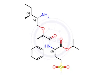 Chemical structure of (2S)-[(2’S)-Amino-(3’S)-methyl-1-pentyloxy]-3-phenylpropionyl-methionine Sulfone, Isopropyl Ester, Hydrochloride