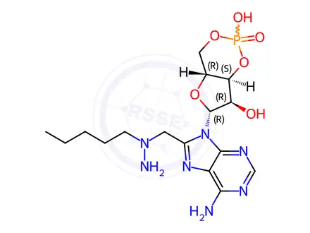 Chemical structure of (4AR,6R,7R,7aS)-6-(6-amino-8-((6-aminohexyl)amino)-9H-purin-9-yl)-2,7-dihydroxytetrahydro-4H-furo[3,2-d][1,3,2]dioxaphosphinine 2-oxide