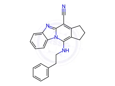 Chemical structure of 11-(phenethylamino)-2,3-dihydro-1H-benzo[4,5]imidazo[1,2-a]cyclopenta[d]pyridine-4-carbonitrile