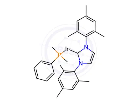 Chemical structure of (Dimethylphenylphosphine)(1,5-cyclooctadiene)[1,3-bis(2,4,6-trimethylphenyl)imidazol-2-ylidene]iridium(I) hexafluorophosphate