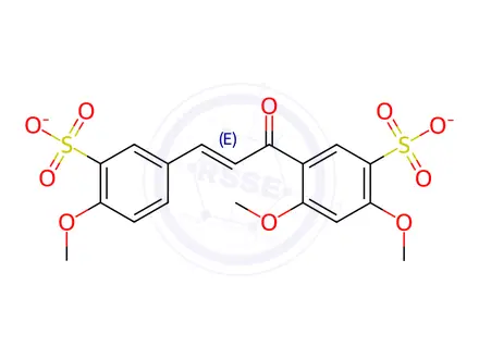Chemical structure of disodium 2,4-dimethoxy-5-[(E)-3-(4-methoxy-3-sulfonato-phenyl)prop-2-e noyl]benzenesulfonate