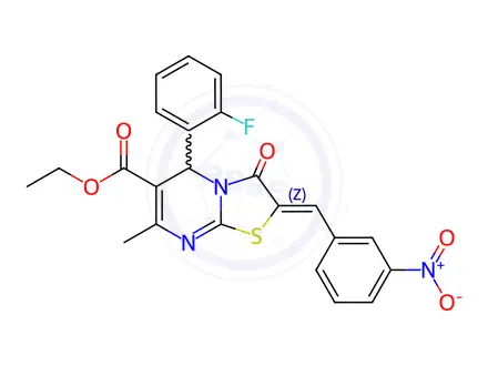 Chemical structure of ethyl 5-(2-fluorophenyl)-2-{3-nitrobenzylidene}-7-methyl-3-oxo-2,3-dihydro-5H-[1,3]thiazolo[3,2-a]pyrimidine-6-carboxylate