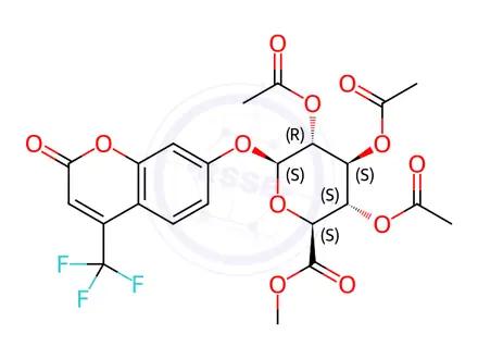 Chemical structure of 2-Oxo-4-(trifluoromethyl)-2H-1-benzopyran-7-yl β-D-Glucopyranosiduronic Acid Methyl Ester Triacetate