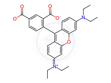 Chemical structure of Sodium 4-(3,6-bis(diethylamino)xanthylium-9-yl)isophthalate chloride