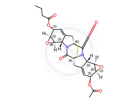 Chemical structure of Butanoic acid, (1aS,2S,4aR,6aS,6bR,7aS,8S,10aR,12aS,12bR)-8-(acetyloxy)-1a,2,6a,6b,7a,8,12a,12b-octahydro-5,11-dioxo-5H,11H-4a,10a-epidithio-4H,10H-bisoxireno[g,g']pyrazino[1,2-a:4,5-a']diindol-2-yl ester