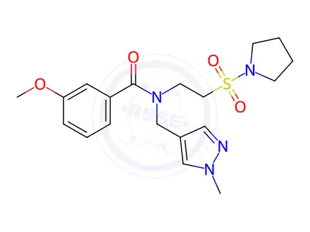 Chemical structure of 3-Methoxy-N-[(1-methyl-1H-pyrazol-4-yl)methyl]-N-[2-(pyrrolidin-1-ylsulfonyl)ethyl]benzamide