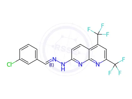 Chemical structure of Benzaldehyde, 3-chloro-, [5,7-bis(trifluoromethyl)-1,8-naphthyridin-2-yl]hydrazone (9CI)