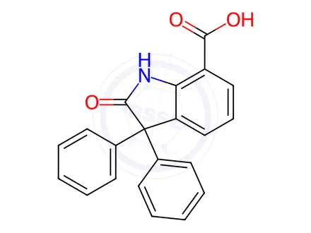 Chemical structure of 2,3-Dihydro-2-oxo-3,3-diphenyl-1H-indole-7-carboxylic acid