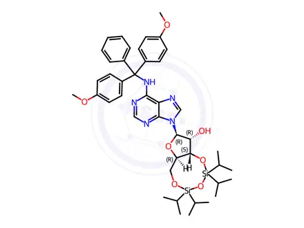 Chemical structure of Adenosine, N-[bis(4-methoxyphenyl)phenylmethyl]-3',5'-O-[1,1,3,3-tetrakis(1-methylethyl)-1,3-disiloxanediyl]-
