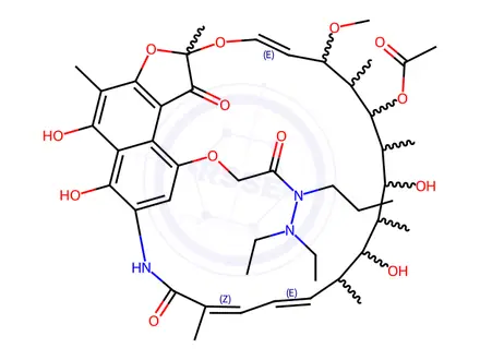 Chemical structure of Acetic acid, ((1,2-dihydro-5,6,17,19,21-pentahydroxy-23-methoxy-2,4,12,16,18,20,22-heptamethyl-1,11-dioxo-2,7-(epoxypentadeca(1,11,13)trieni mino)naphtho(2,1-b)furan-9-yl)oxy)-, 21-acetate, 2,2-diethyl-1-propylh ydrazide