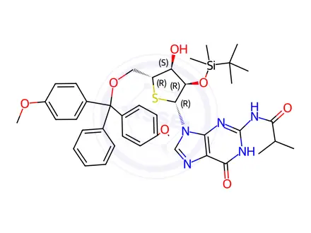 Chemical structure of Guanosine, 5'-?O-?[bis(4-?methoxyphenyl)?phenylmethyl]?-?2'-?O-?[(1,?1-?dimethylethyl)?dimethylsilyl]?-?N-?(2-?methyl-?1-?oxopropyl)?-?4'-?thio-