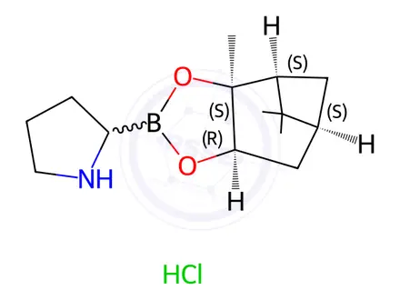 Chemical structure of Pyrrolidine, 2-[(3aS,4S,6S,7aR)-hexahydro-3a,5,5-trimethyl-4,6-methano-1,3,2-benzodioxaborol-2-yl]-, hydrochloride (1:1)