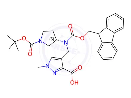 Chemical structure of 4-({[(3S)-1-[(tert-butoxy)carbonyl]pyrrolidin-3-yl]({[ (9H-fluoren-9-yl)methoxy]carbonyl})amino}methyl)-1-methyl-1H-pyrazole-3-carboxylic acid