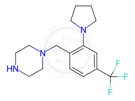 Chemical structure of Piperazine, 1-[[2-(1-pyrrolidinyl)-4-(trifluoromethyl)phenyl]methyl]-