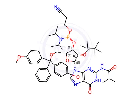 Chemical structure of Phosphoramidites Impurity 82 (DMT-2’-O-TBDMS-G(iBu)-CE Phosphoramidites)