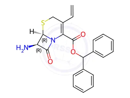 Chemical structure of (6R,7R)-7-Amino-8-oxo-3-vinyl-5-thia-1-azabicyclo[4.2.0]octan-2-ene-2-carboxylic acid benzhydryl ester