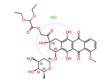 Chemical structure of Acetic acid, diethoxy-, 2-[4-[(3-amino-2,3,6-trideoxy-alpha-l-lyxo-hexopyranosyl)oxy]-1,2,3,4,6,11-hexahydro-2,5,12-trihydroxy-7-methoxy-6,11-dioxo-2-naphthacenyl]-2-oxoethyl ester, hydrochloride, (2S-cis)-