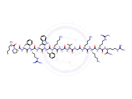 Chemical structure of (S)-N-((6S,9S,12S,15S,21S,24S,27S,30S,33R,36S,39R)-33-((1H-Indol-3-yl)methyl)-1-amino-12,15,27-tris(4-aminobutyl)-30-benzyl-6-carbamoyl-9,36-bis(3-guanidinopropyl)-1-imino-21-isopropyl-24-methyl-8,11,14,17,20,23,26,29,32,35,38-undecaoxo-40-phenyl-2,7,10,13,16,19,22,25,28,31,34,37-dodecaazatetracontan-39-yl)-1-((S)-2-aminohexanoyl)pyrrolidine-2-carboxamide