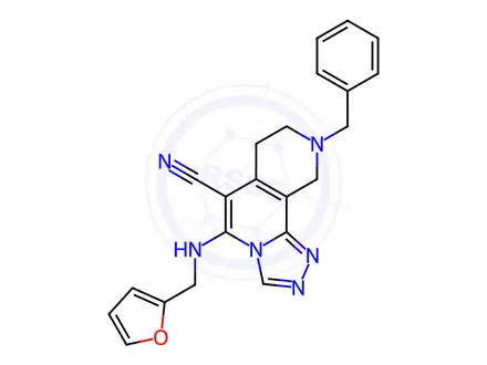 Chemical structure of 9-Benzyl-5-((furan-2-ylmethyl)amino)-7,8,9,10-tetrahydro-[1,2,4]triazolo[3,4-a][2,7]naphthyridine-6-carbonitrile