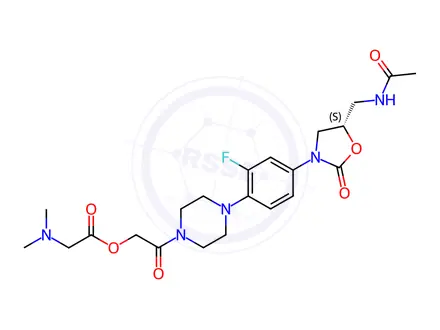 Chemical structure of Glycine, N,N-dimethyl-, 2-[4-[4-[5-[(acetylamino)methyl]-2-oxo-3-oxazolidinyl]-2-fluorophenyl]-1-piperazinyl]-2-oxoethyl ester, (S)-