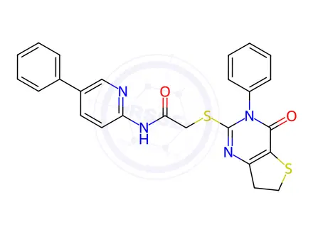 Chemical structure of 2-((4-Oxo-3-phenyl-3,4,6,7-tetrahydrothieno[3,2-d]pyrimidin-2-yl)thio)-N-(5-phenylpyridin-2-yl)acetamide