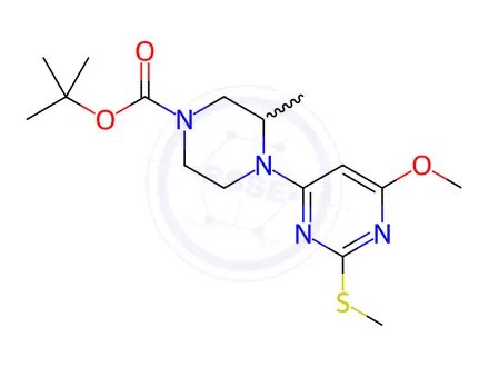 Chemical structure of 4-(6-Methoxy-2-Methylsulfanyl-pyriMidin-4-yl)-3-Methyl-piperazine-1-carboxylic acid tert-butyl ester