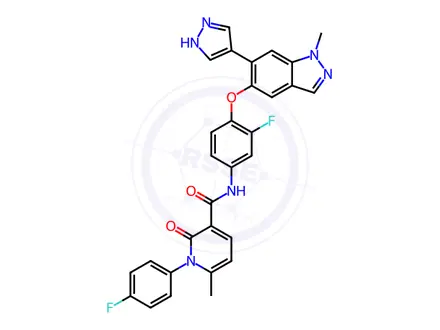 Chemical structure of N-[3-Fluoro-4-[[1-methyl-6-(1H-pyrazol-4-yl)-1H-indazol-5-yl]oxyphenyl]-1-(4-fluorophenyl)-6-methyl-2-oxopyridine-3-carboxamide dihydrochloride