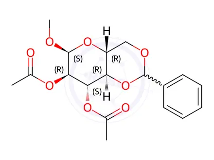 Chemical structure of (4AR,6S,7R,8S,8aR)-6-methoxy-2-phenylhexahydropyrano[3,2-d][1,3]dioxine-7,8-diyl diacetate