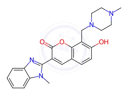 Chemical structure of 7-hydroxy-3-(1-methyl-1H-benzo[d]imidazol-2-yl)-8-((4-methylpiperazin-1-yl)methyl)-2H-chromen-2-one