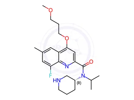 Chemical structure of (R)-8-fluoro-N-isopropyl-4-(3-Methoxypropoxy)-6-Methyl-N-(piperidin-3-yl)quinoline-2-carboxaMide (2HCl salt)