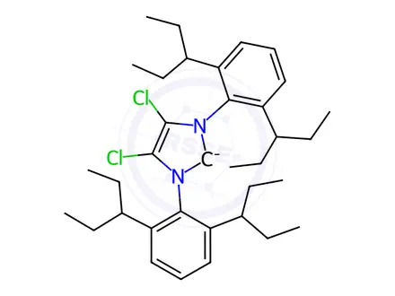 Chemical structure of {1,3-bis[2,6-bis(pentan-3-yl)phenyl]-4,5-dichloro-2, 3-dihydro-1H-imidazol-2-id-2-yl}dichloro(pyridin-1-ium-1-yl)palladium