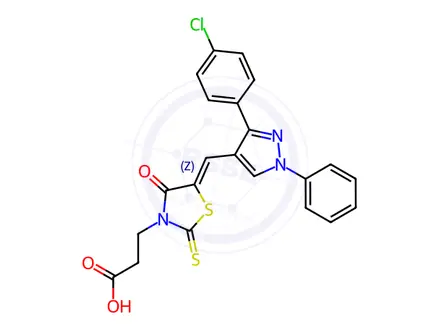 Chemical structure of 3-(5-((3-(4-Chlorophenyl)-1-phenyl-1H-pyrazol-4-yl)methylene)-4-oxo-2-thioxothiazolidin-3-yl)propanoic acid