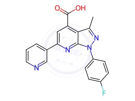 Chemical structure of 1-(4-fluorophenyl)-3-methyl-6-pyridin-3-yl-1H-pyrazolo[3,4-b]pyridine-4-carboxylic acid