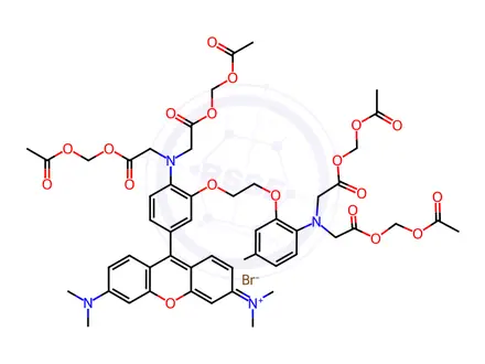 Chemical structure of 9-[4-[Bis[2-[(acetyloxy)methoxy]-2-oxoethyl]amino]-3-[2-[2-[bis[2-[(acetyloxy)methoxy]-2-oxoethyl]amino]-5-methylphenoxy]ethoxy]phenyl]-3,6-bis(dimethylamino)xanthylium Bromide