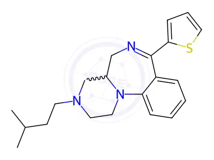 Chemical structure of Pyrazino(1,2-a)(1,4)benzodiazepine, 1,2,3,4,4a,5-hexahydro-3-(3-methyl butyl)-7-(2-thienyl)-, dihydrochloride